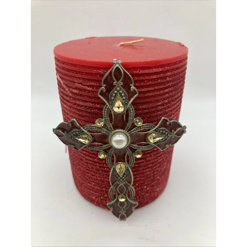 Enameled Cross Shaped Pillar Candle Pin Maroon Gold Faux Pearl 3.5